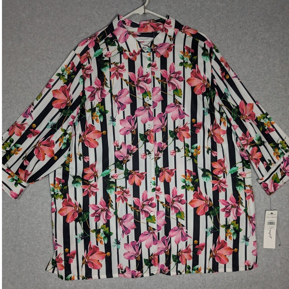 Foxcroft Suzette Hibiscus Button Up Tunic Shirt Women 22W Wrinkle Free Floral